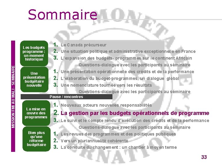 Sommaire MISSION FMI AU MALI - SEMINAIRE Les budgets programme : un moment historique