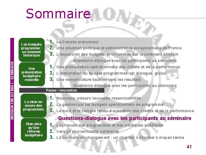 Sommaire MISSION FMI AU MALI - SEMINAIRE Les budgets programme : un moment historique