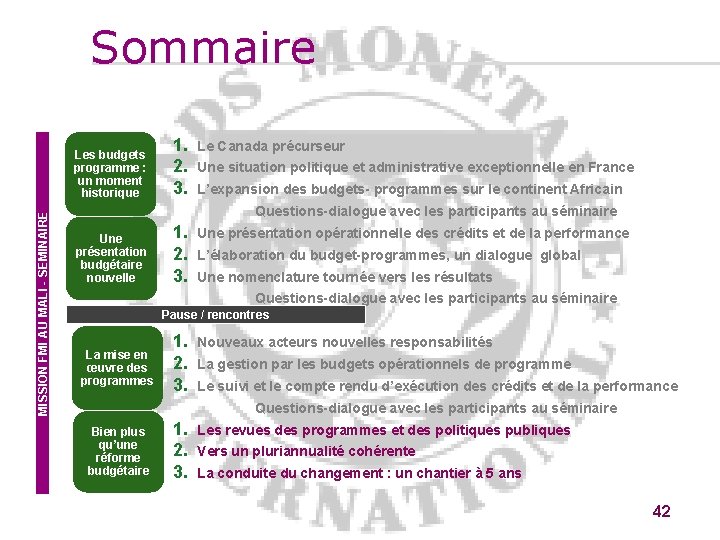 Sommaire MISSION FMI AU MALI - SEMINAIRE Les budgets programme : un moment historique