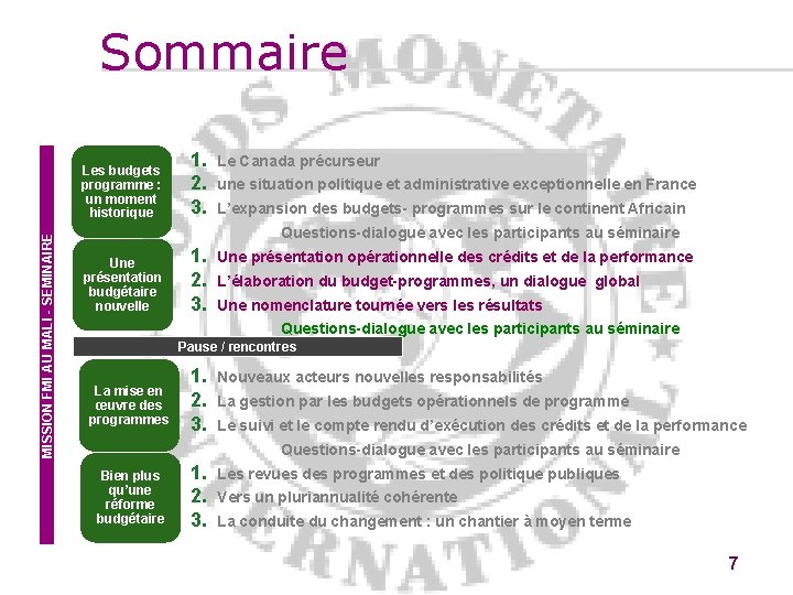 Sommaire MISSION FMI AU MALI - SEMINAIRE Les budgets programme : un moment historique