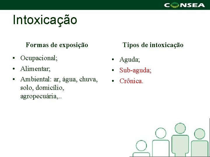 Intoxicação Formas de exposição Tipos de intoxicação • Ocupacional; • Aguda; • Alimentar; •