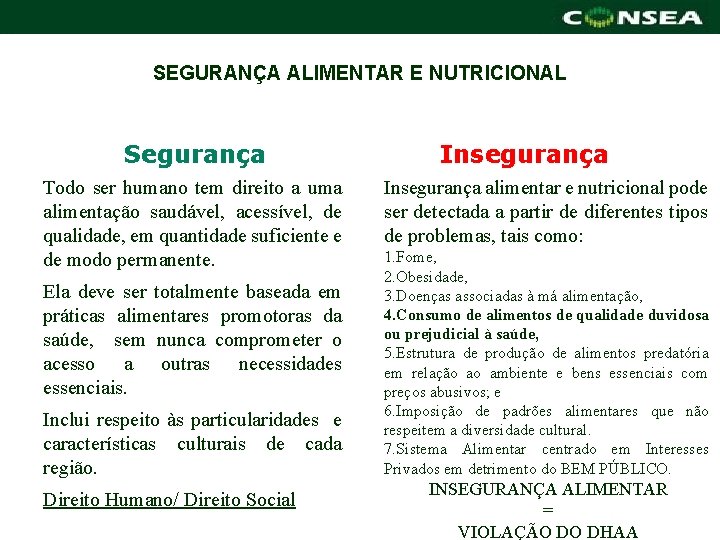 SEGURANÇA ALIMENTAR E NUTRICIONAL Segurança Todo ser humano tem direito a uma alimentação saudável,