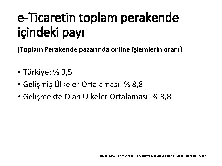 e-Ticaretin toplam perakende içindeki payı (Toplam Perakende pazarında online işlemlerin oranı) • Türkiye: %