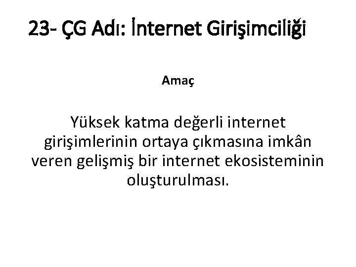 23 - ÇG Adı: İnternet Girişimciliği Amaç Yüksek katma değerli internet girişimlerinin ortaya çıkmasına