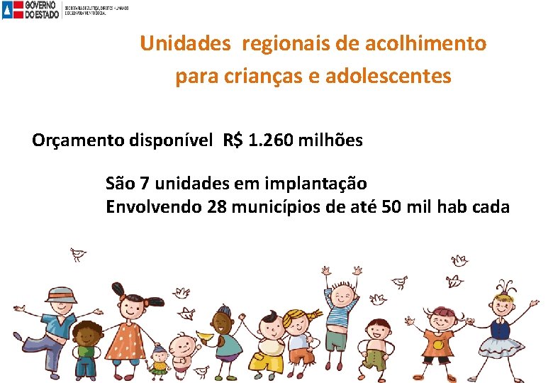 Unidades regionais de acolhimento para crianças e adolescentes Orçamento disponível R$ 1. 260 milhões