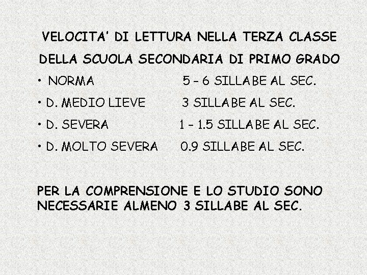 VELOCITA’ DI LETTURA NELLA TERZA CLASSE DELLA SCUOLA SECONDARIA DI PRIMO GRADO • NORMA