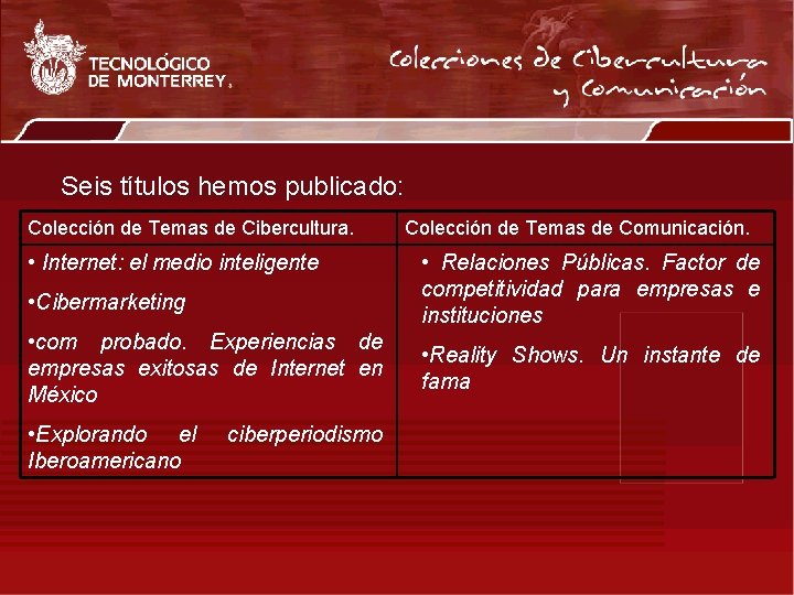 Seis títulos hemos publicado: Colección de Temas de Cibercultura. • Internet: el medio inteligente