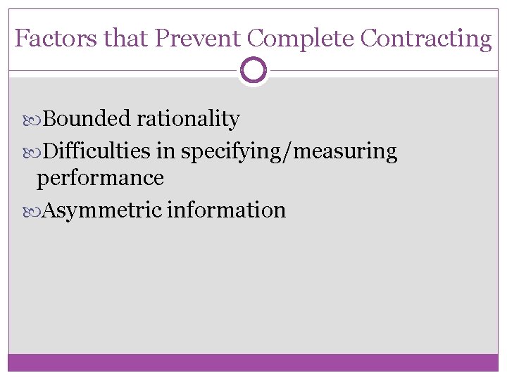 Factors that Prevent Complete Contracting Bounded rationality Difficulties in specifying/measuring performance Asymmetric information 