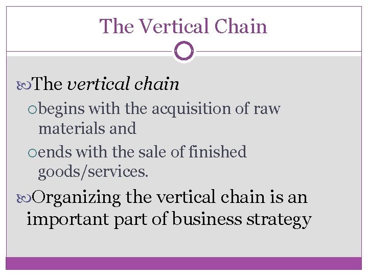 The Vertical Chain The vertical chain begins with the acquisition of raw materials and