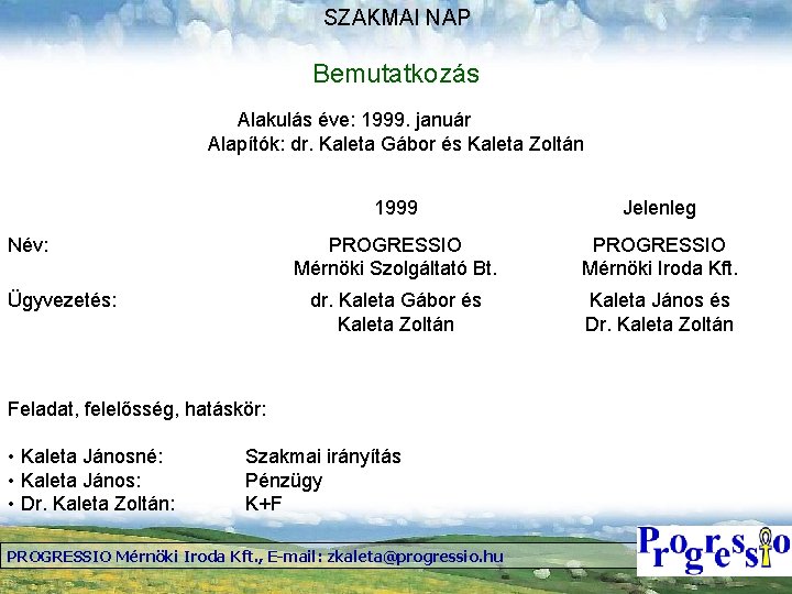 SZAKMAI NAP Bemutatkozás Alakulás éve: 1999. január Alapítók: dr. Kaleta Gábor és Kaleta Zoltán