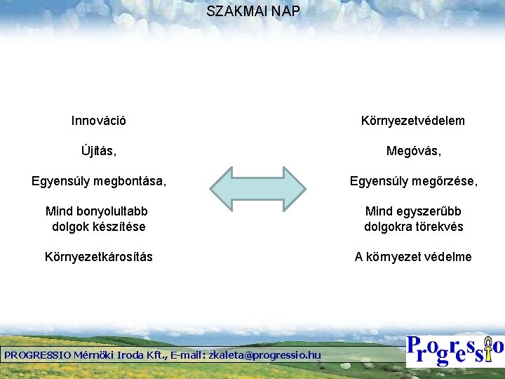 SZAKMAI NAP Innováció Környezetvédelem Újítás, Megóvás, Egyensúly megbontása, Egyensúly megőrzése, Mind bonyolultabb dolgok készítése