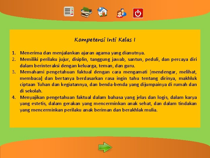 PEMBELAJARAN INTERAKTIF Kompetensi Inti Kelas I 1. Menerima dan menjalankan ajaran agama yang dianutnya.