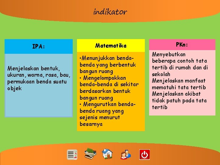 indikator PEMBELAJARAN INTERAKTIF IPA: Menjelaskan bentuk, ukuran, warna, rasa, bau, permukaan benda suatu objek