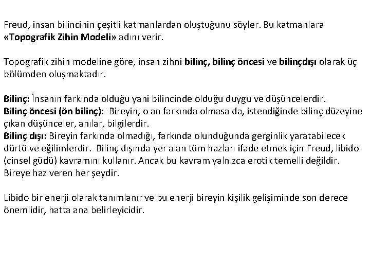 Freud, insan bilincinin çeşitli katmanlardan oluştuğunu söyler. Bu katmanlara «Topografik Zihin Modeli» adını verir.