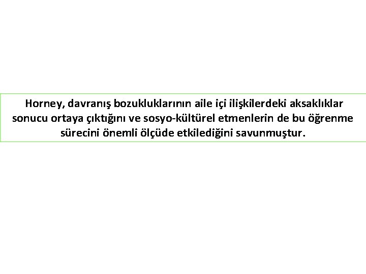  Horney, davranış bozukluklarının aile içi ilişkilerdeki aksaklıklar sonucu ortaya çıktığını ve sosyo-kültürel etmenlerin