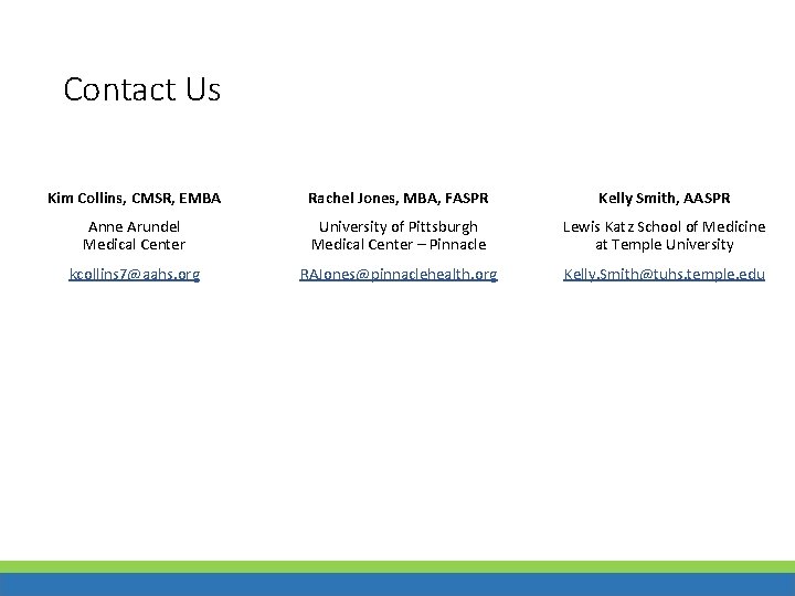 Contact Us Kim Collins, CMSR, EMBA Rachel Jones, MBA, FASPR Kelly Smith, AASPR Anne