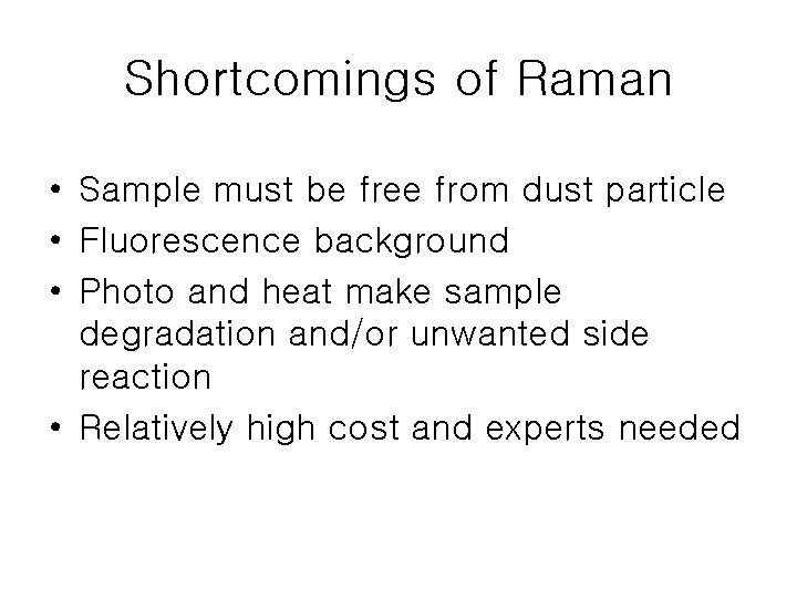 Shortcomings of Raman • Sample must be free from dust particle • Fluorescence background