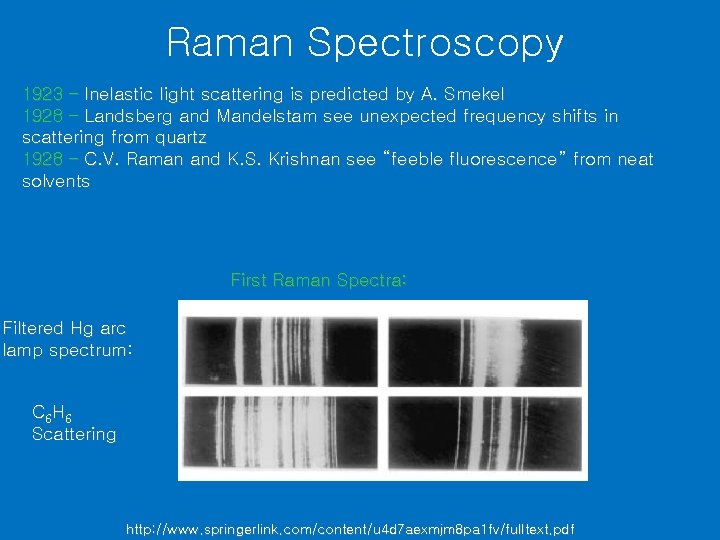 Raman Spectroscopy 1923 – Inelastic light scattering is predicted by A. Smekel 1928 –