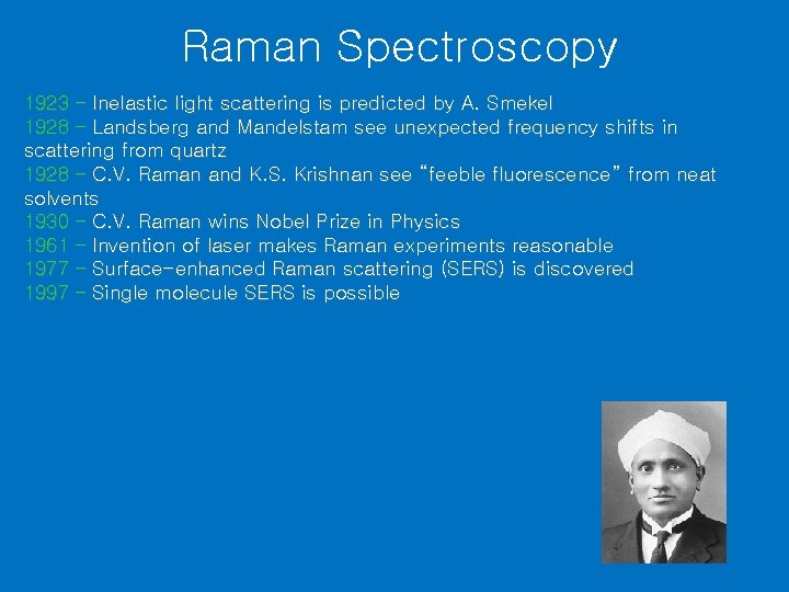 Raman Spectroscopy 1923 – Inelastic light scattering is predicted by A. Smekel 1928 –