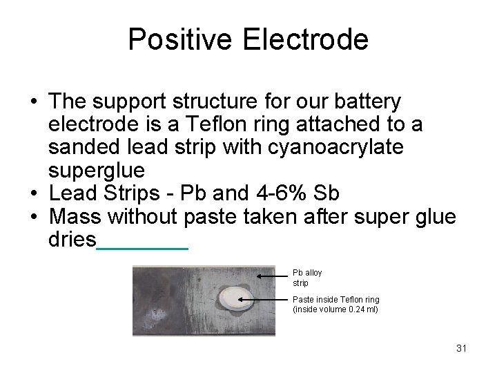 Positive Electrode • The support structure for our battery electrode is a Teflon ring