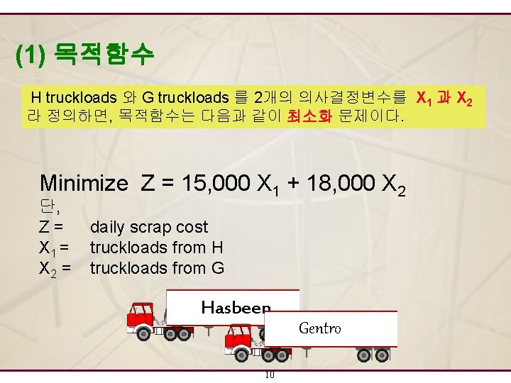 (1) 목적함수 H truckloads 와 G truckloads 를 2개의 의사결정변수를 X 1 과 X (1) 목적함수 H truckloads 와 G truckloads 를 2개의 의사결정변수를 X 1 과 X