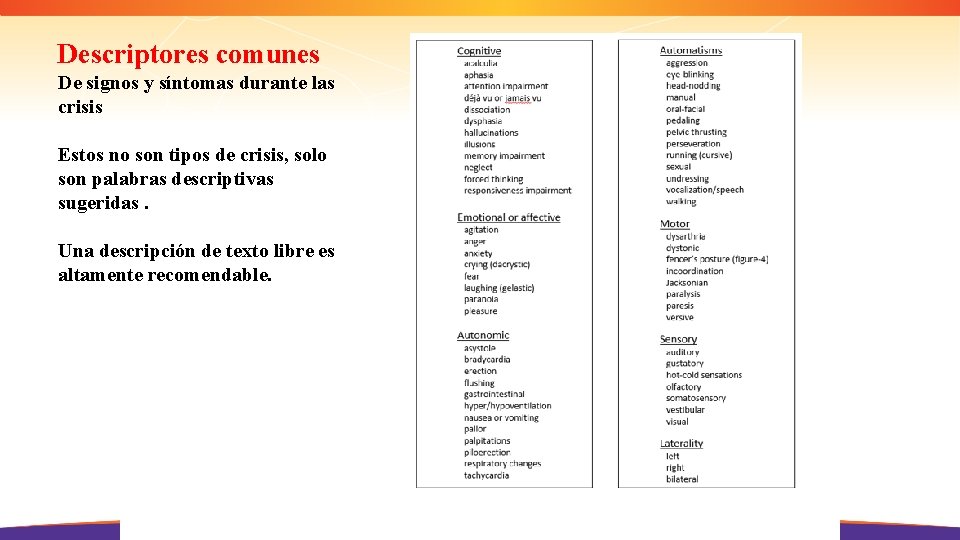 Descriptores comunes De signos y síntomas durante las crisis Estos no son tipos de