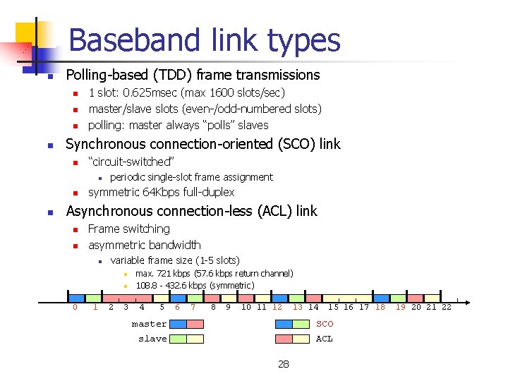 Baseband link types n Polling-based (TDD) frame transmissions n n 1 slot: 0. 625