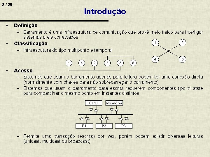 2 / 25 • Introdução Definição – Barramento é uma infraestrutura de comunicação que