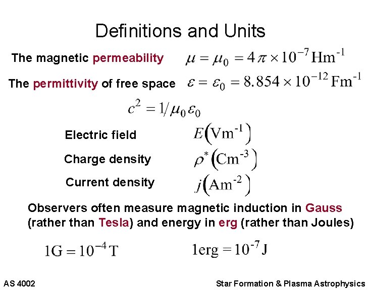 Definitions and Units The magnetic permeability The permittivity of free space Electric field Charge