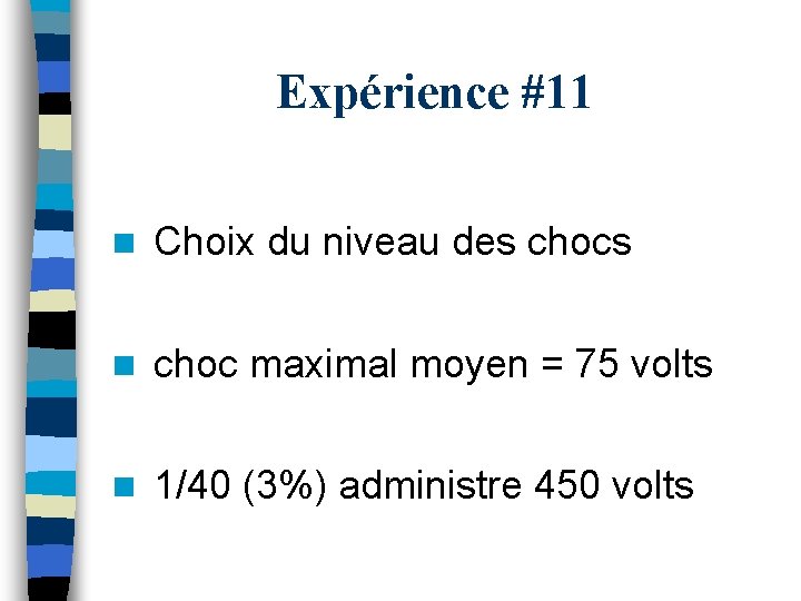 Expérience #11 n Choix du niveau des chocs n choc maximal moyen = 75