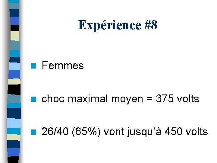 Expérience #8 n Femmes n choc maximal moyen = 375 volts n 26/40 (65%)