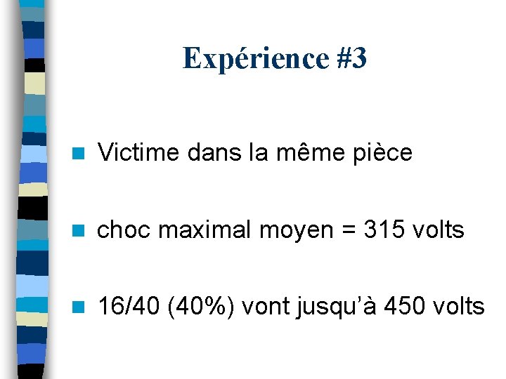 Expérience #3 n Victime dans la même pièce n choc maximal moyen = 315