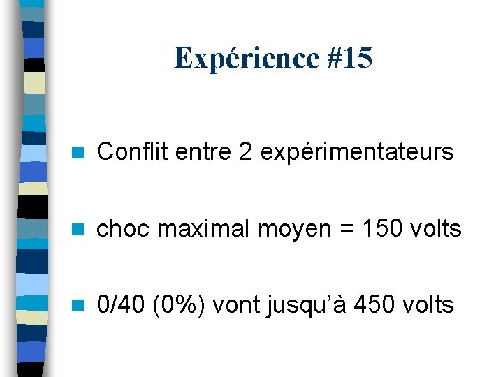 Expérience #15 n Conflit entre 2 expérimentateurs n choc maximal moyen = 150 volts