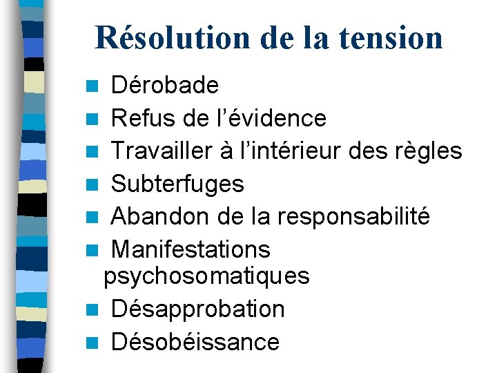 Résolution de la tension Dérobade n Refus de l’évidence n Travailler à l’intérieur des