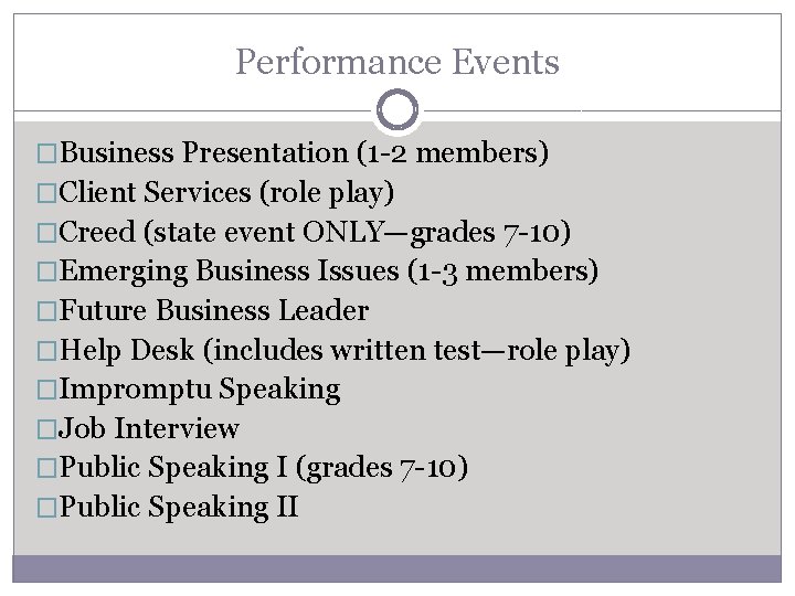 Performance Events �Business Presentation (1 -2 members) �Client Services (role play) �Creed (state event