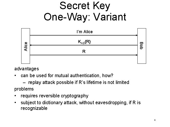 Secret Key One-Way: Variant KAB{R} R Bob Alice I’m Alice advantages • can be