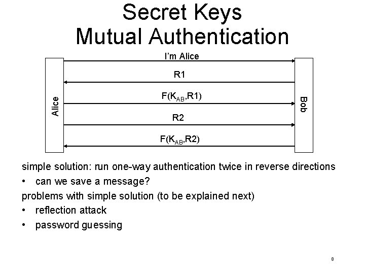 Secret Keys Mutual Authentication I’m Alice F(KAB, R 1) Bob Alice R 1 R