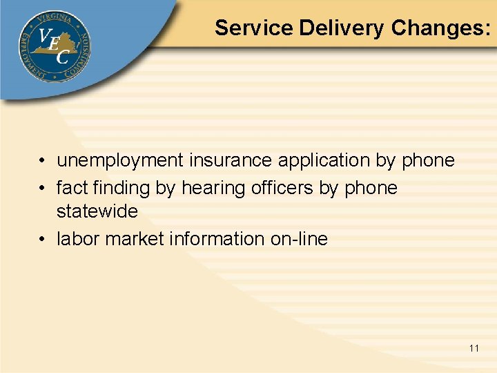 Service Delivery Changes: • unemployment insurance application by phone • fact finding by hearing