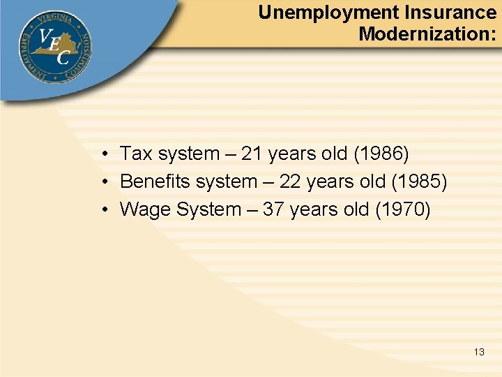 Unemployment Insurance Modernization: • Tax system – 21 years old (1986) • Benefits system