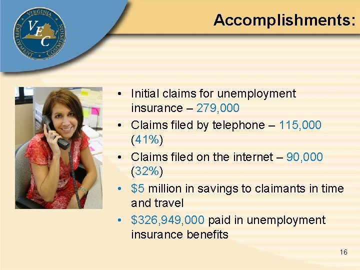 Accomplishments: • Initial claims for unemployment insurance – 279, 000 • Claims filed by