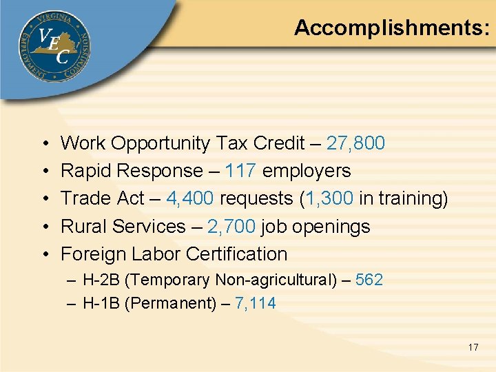 Accomplishments: • • • Work Opportunity Tax Credit – 27, 800 Rapid Response –