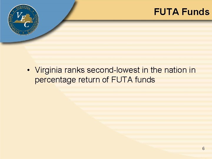 FUTA Funds • Virginia ranks second-lowest in the nation in percentage return of FUTA