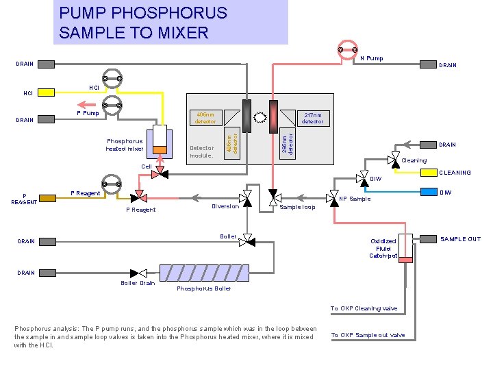 PUMP PHOSPHORUS SAMPLE TO MIXER N Pump DRAIN HCl P Pump 405 nm detector