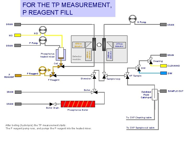 FOR THE TP MEASUREMENT, P REAGENT FILL N Pump DRAIN HCl P Pump 405