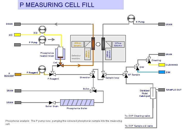 P MEASURING CELL FILL N Pump DRAIN HCl P Pump 405 nm detector Detector