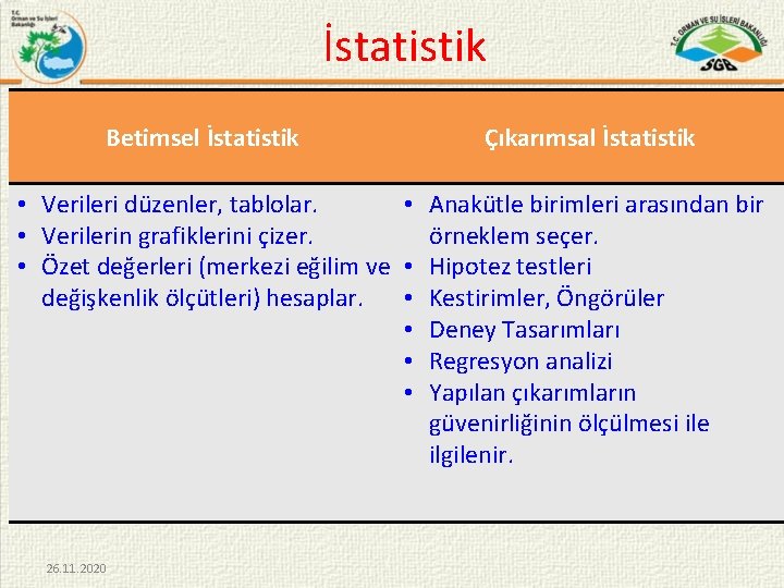 İstatistik Betimsel İstatistik Çıkarımsal İstatistik • Verileri düzenler, tablolar. • Anakütle birimleri arasından bir