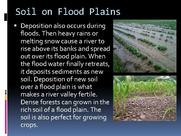 Soil on Flood Plains Deposition also occurs during floods. Then heavy rains or melting