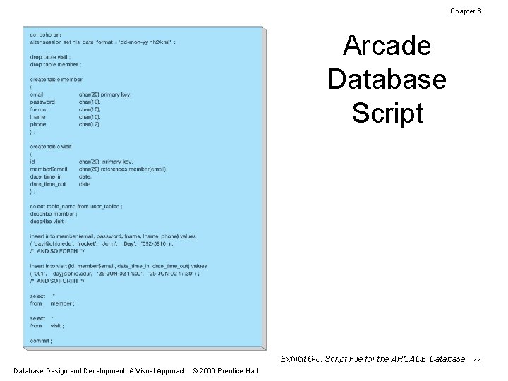 Chapter 6 Arcade Database Script Exhibit 6 -8: Script File for the ARCADE Database