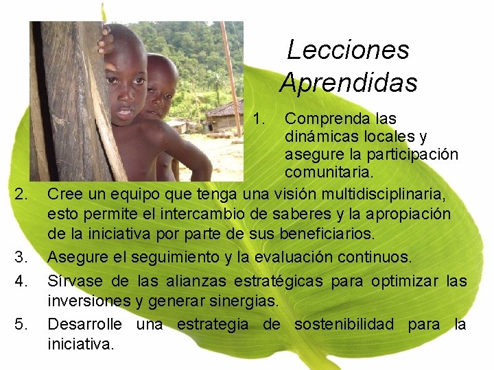 Lecciones Aprendidas 1. 2. 3. 4. 5. Comprenda las dinámicas locales y asegure la