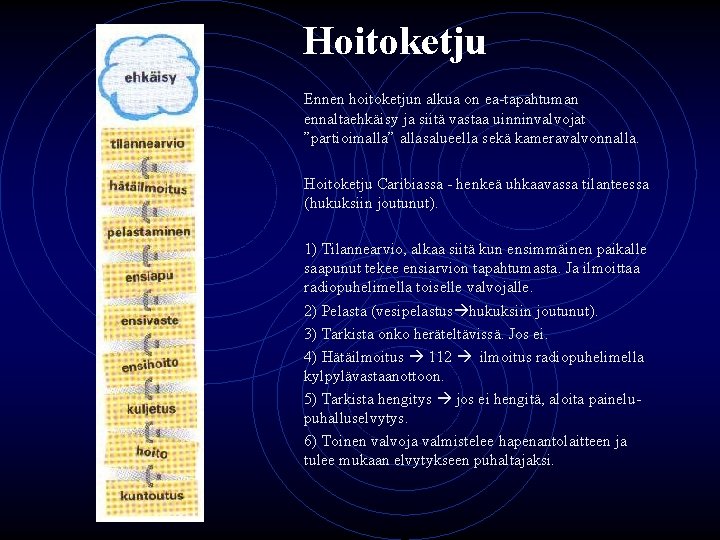  Hoitoketju Ennen hoitoketjun alkua on ea-tapahtuman ennaltaehkäisy ja siitä vastaa uinninvalvojat ”partioimalla” allasalueella